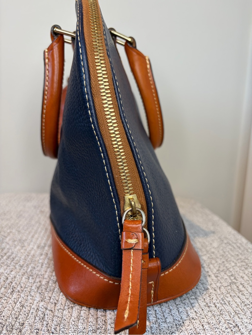 Dooney & Bourke Pebbled Leather Dome Satchel Bag Navy Blue/Brown Trim - Picture 12 of 15